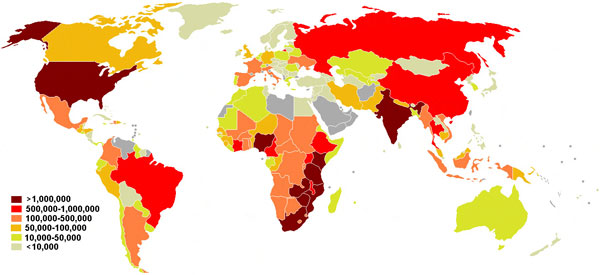 Данные ООН о распространении ВИЧ-инфицированных больных СПИДом в мире на июль 2008 года. Рис. с сайта commons.wikimedia.org